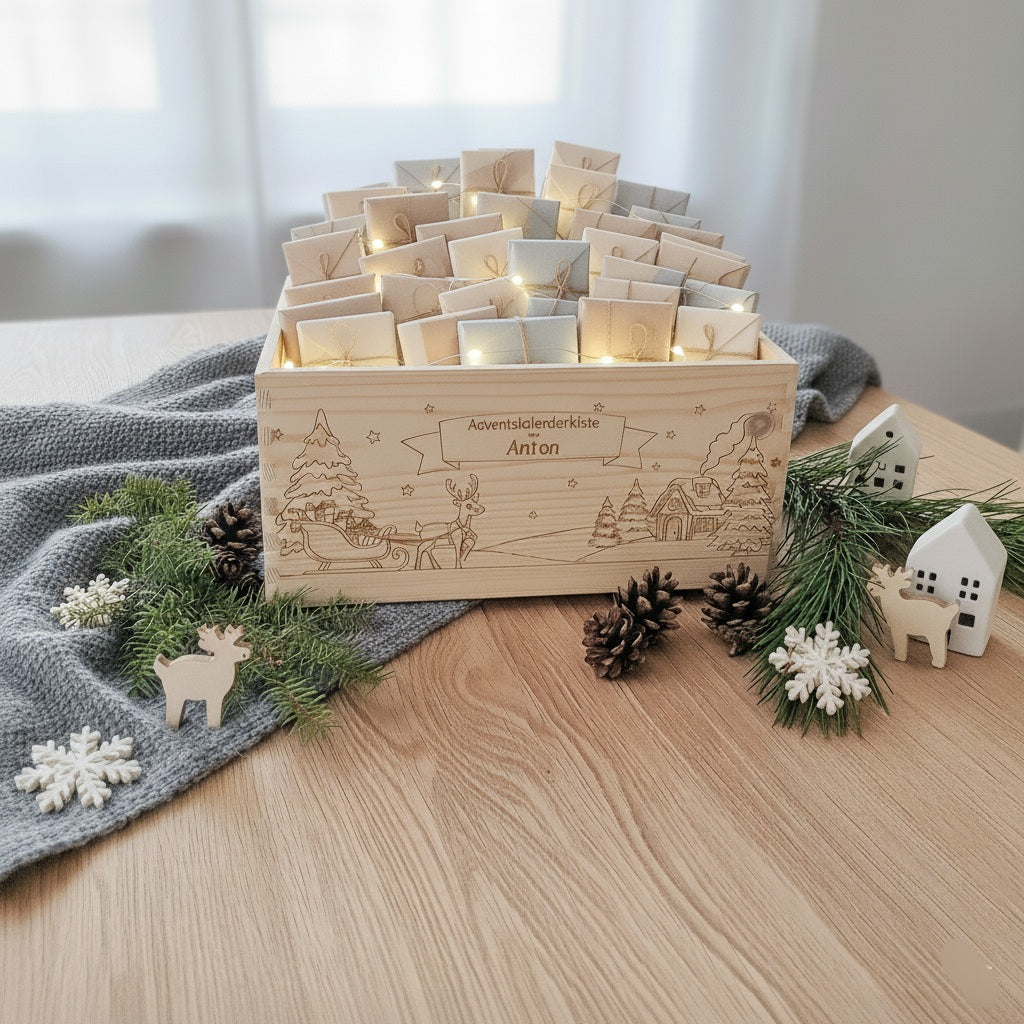 Adventskalender Holzkiste personalisiert – Reh & Schlitten