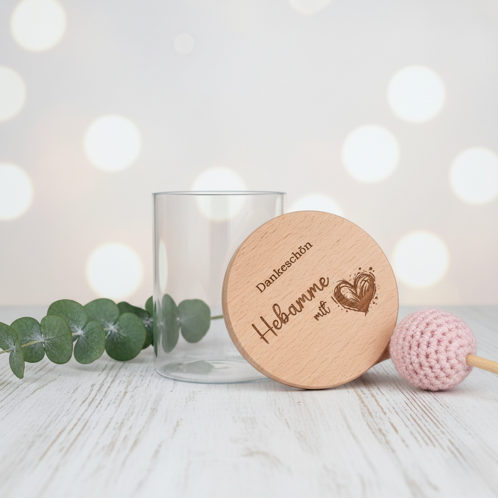 Geschenkglas Hebamme mit Herz Gravur – Buchenholzdeckel, befüllbares Abschiedsgeschenk