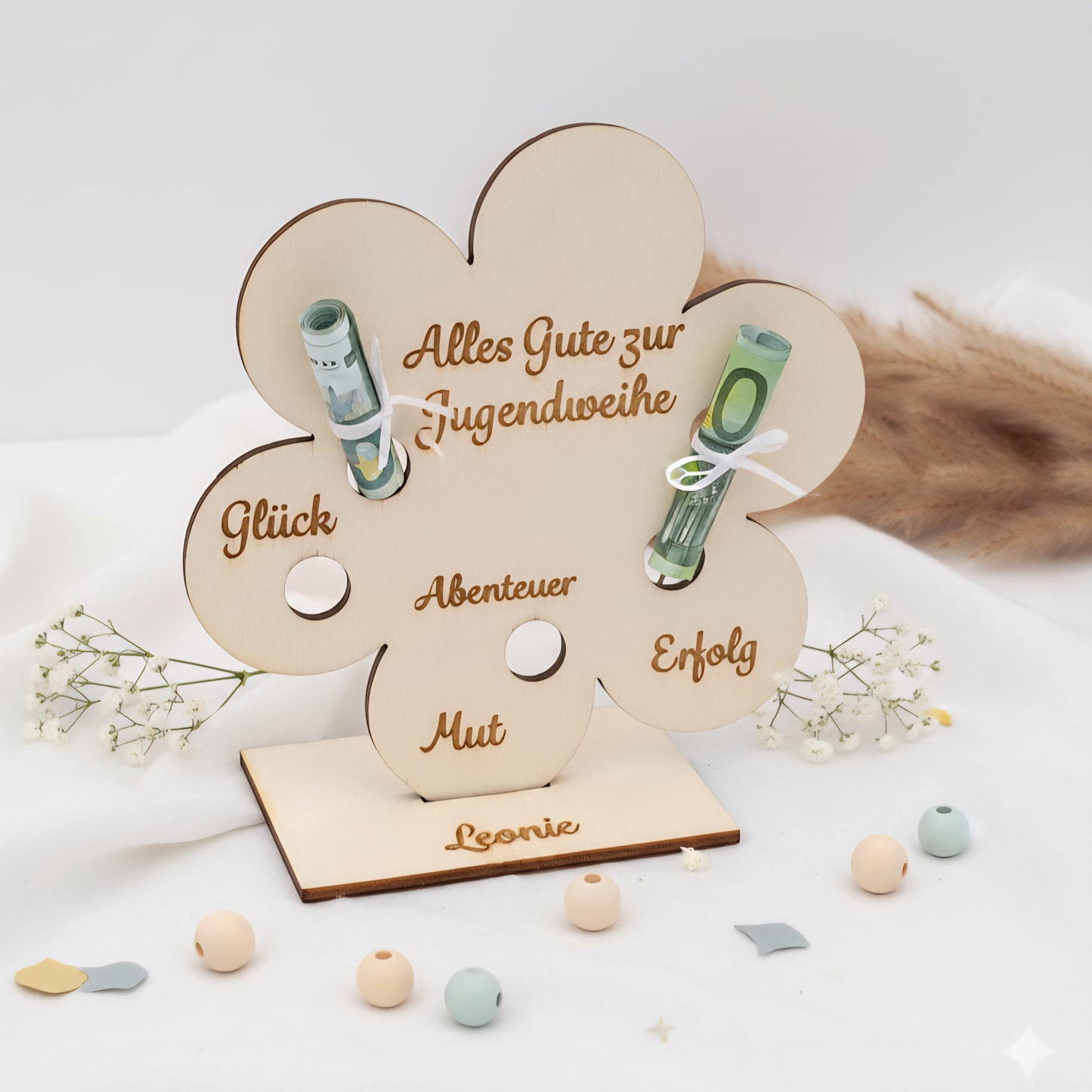 Geschenk Jugendweihe personalisiert Geldgeschenk Blume Holz