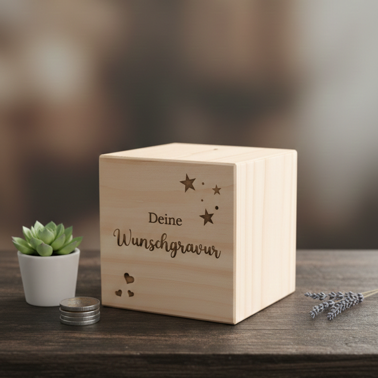 Spardose mit Wunschgravur personalisiert aus Holz