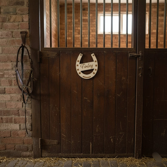 Boxenschild personalisiert mit Namen Stallschild Hufeisen