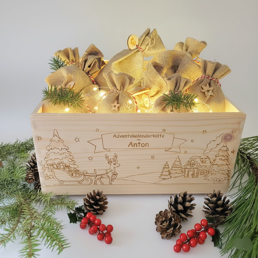 Adventskalender Holzkiste personalisiert – Reh & Schlitten