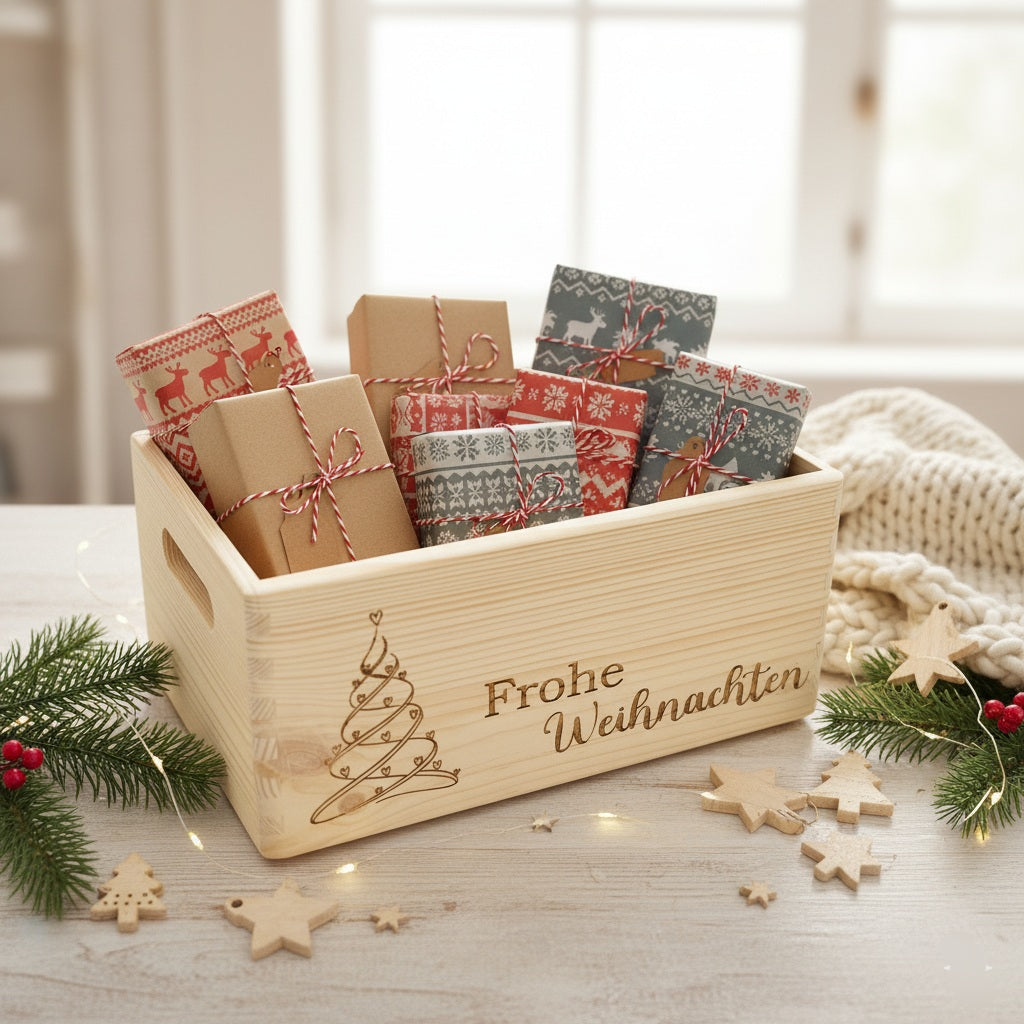 Holzkiste Weihnachten graviert mit Tannenbaum und Frohe Weihnachten – Geschenkbox unbehandeltes Holz 30x20cm