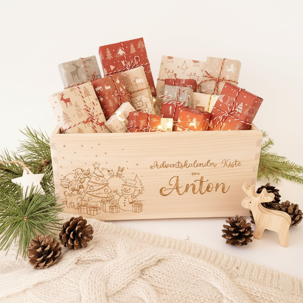 Adventskalender Holzkiste personalisiert – zum Befüllen mit Namen