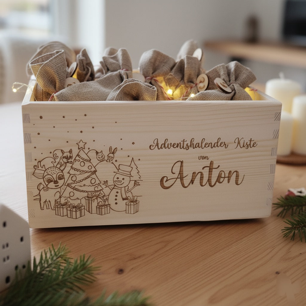 Adventskalender Holzkiste personalisiert – zum Befüllen mit Namen