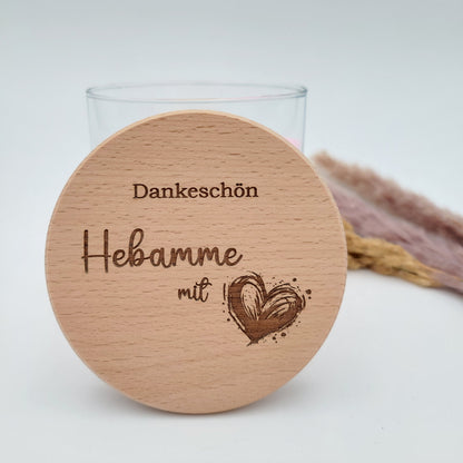 Vorratsglas mit graviertem Holzdeckel Hebamme mit Herz – Dankeschön Geschenk, 530ml oder 880ml