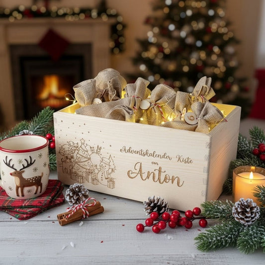 Adventskalender Holzkiste personalisiert mit Namen – zum Befüllen | Weihnachtsgeschenk Kinder & Familie