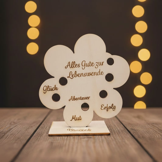 Geschenk Lebenswende personalisiert Geldgeschenk Blume Holz