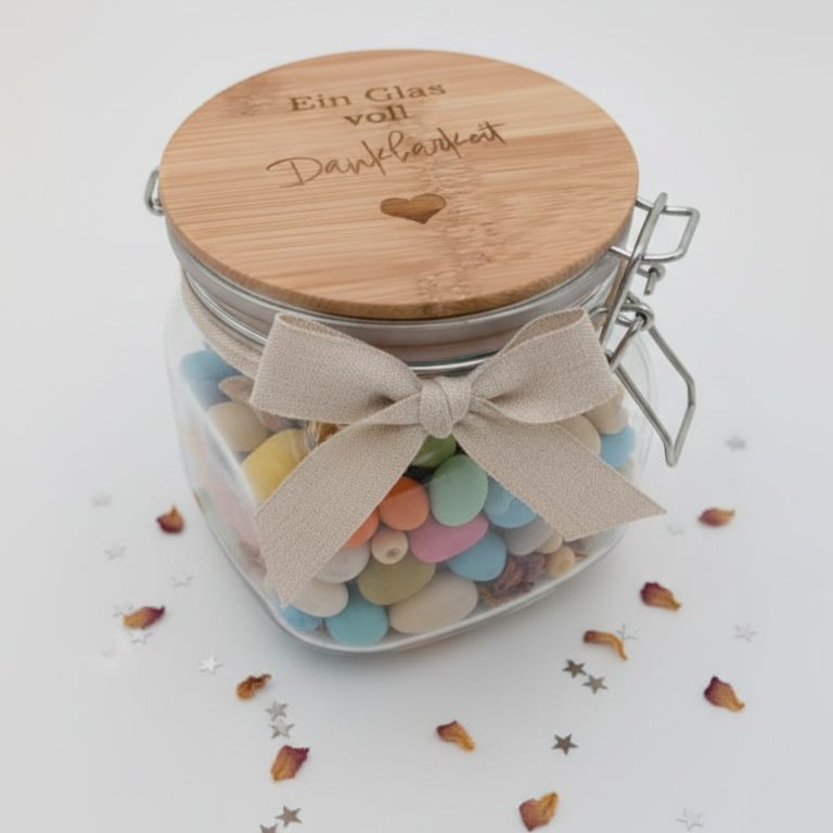 Bügelglas Dankbarkeit | Vorratsglas mit Holzdeckel Gravur | Geschenk Danke sagen