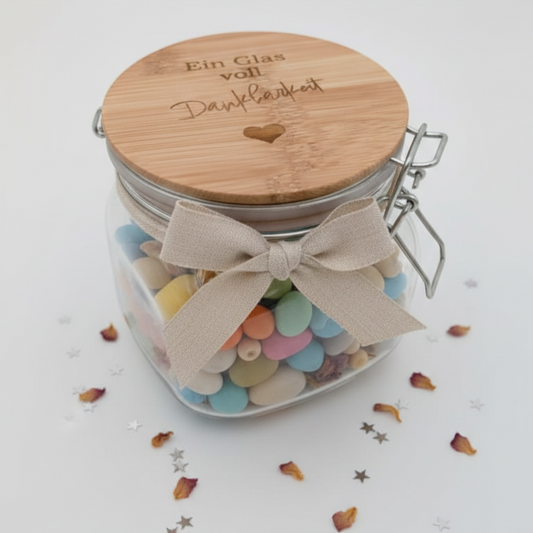 Bügelglas Dankbarkeit | Vorratsglas mit Holzdeckel Gravur | Geschenk Danke sagen