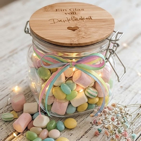 Bügelglas Ein Glas voll Dankbarkeit graviert mit Bambus-Deckel und Herzchen – Dankeschön Geschenk, 500ml 1000ml 1500ml