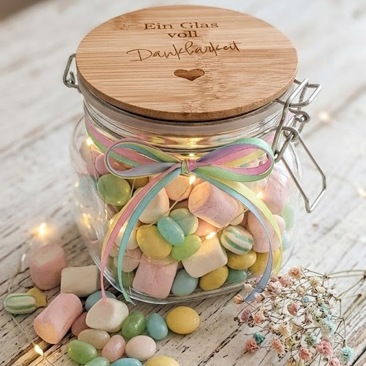 Bügelglas Ein Glas voll Dankbarkeit graviert mit Bambus-Deckel und Herzchen – Dankeschön Geschenk, 500ml 1000ml 1500ml