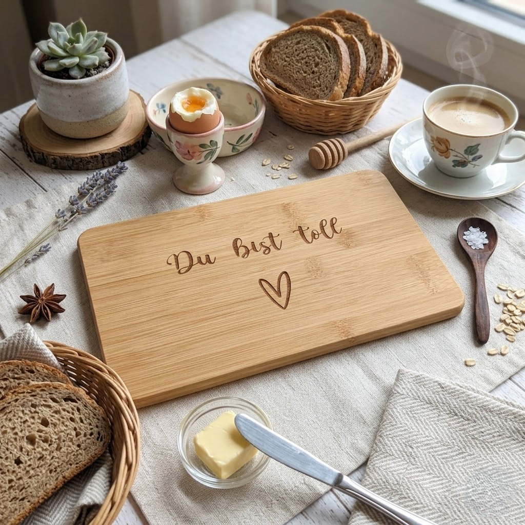 Frühstücksbrettchen Du bist toll graviert – Bambus 22×14 cm mit Herzchen, Geschenk Geburtstag