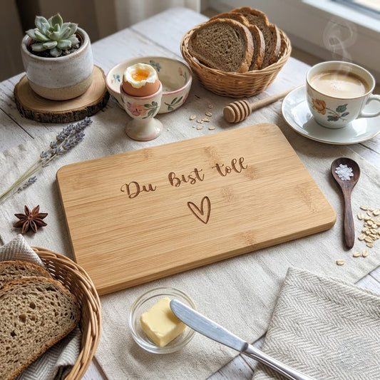 Frühstücksbrettchen Du bist toll graviert – Bambus 22×14 cm mit Herzchen, Geschenk Geburtstag