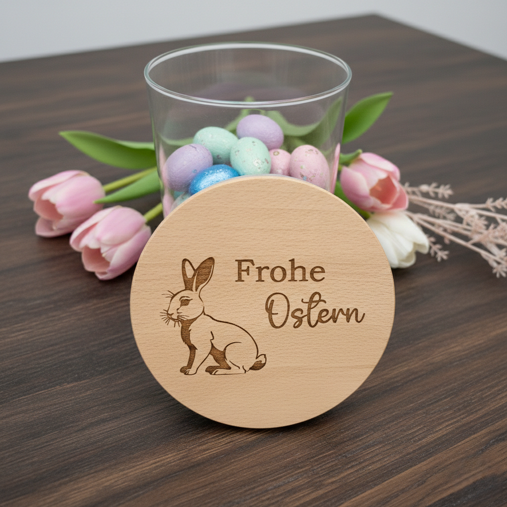 Ein hochwertiges Vorratsglas gefüllt mit bunten Ostereiern, davor lehnt ein runder Holzdeckel mit einer feinen Lasergravur eines Hasen und dem Schriftzug „Frohe Ostern“. Im Hintergrund sind rosa Tulpen auf einem dunklen Holztisch zu sehen – moderne Osterdekoration und Geschenkidee.