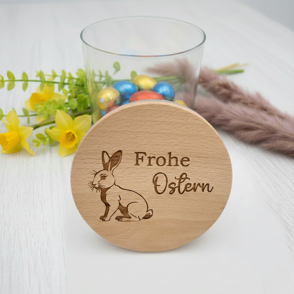 Ein hochwertiges Vorratsglas gefüllt mit bunten Ostereiern, davor lehnt ein runder Holzdeckel mit einer feinen Lasergravur eines Hasen und dem Schriftzug „Frohe Ostern“. Im Hintergrund sind rosa Tulpen auf einem dunklen Holztisch zu sehen – moderne Osterdekoration und Geschenkidee.