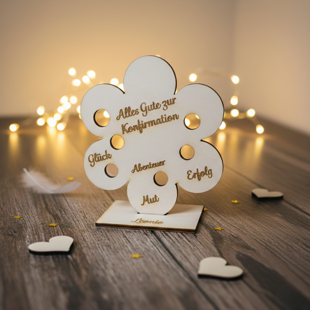 Geldgeschenk Konfirmation personalisiert Blume aus Holz
