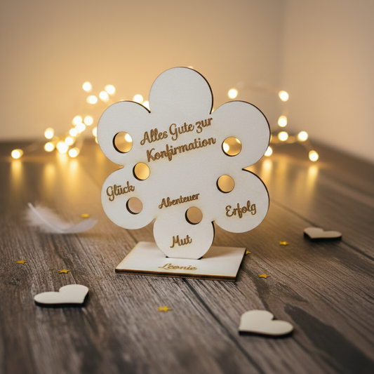 Geldgeschenk Konfirmation personalisiert Blume aus Holz