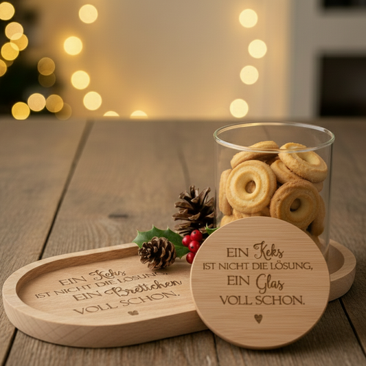 Holztablett oval "Ein Keks.... + Vorratsglas