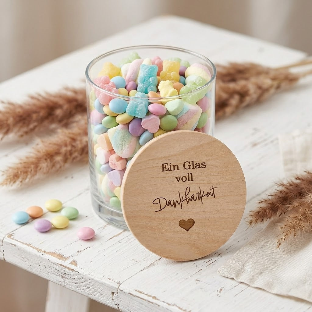 Vorratsglas Dankbarkeit graviert – Glas mit Holzdeckel | Geschenk Dankeschön