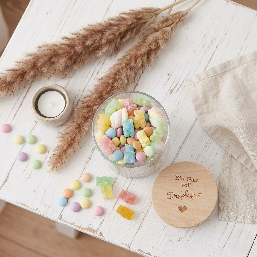 Vorratsglas Dankbarkeit graviert – Glas mit Holzdeckel | Geschenk Dankeschön