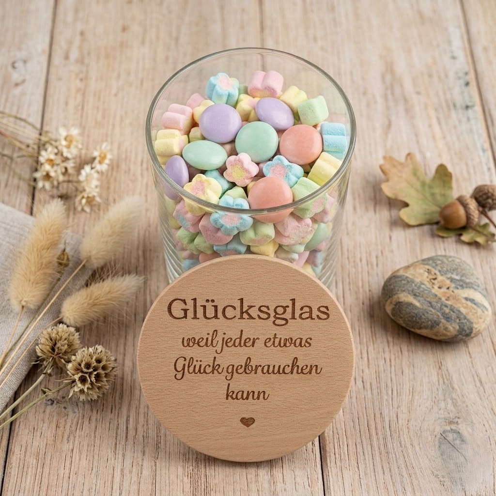 Vorratsglas Glücksglas graviert mit Buchenholzdeckel – Geschenk Glück gute Wünsche 530ml 880ml
