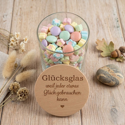 Vorratsglas Glücksglas graviert mit Buchenholzdeckel – Geschenk Glück gute Wünsche 530ml 880ml