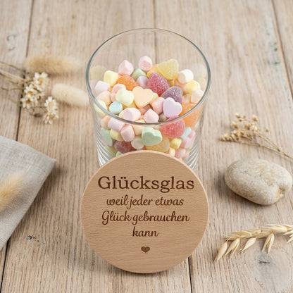 Vorratsglas Glücksglas Nahaufnahme – Gravur auf Buchenholzdeckel mit Silikonring