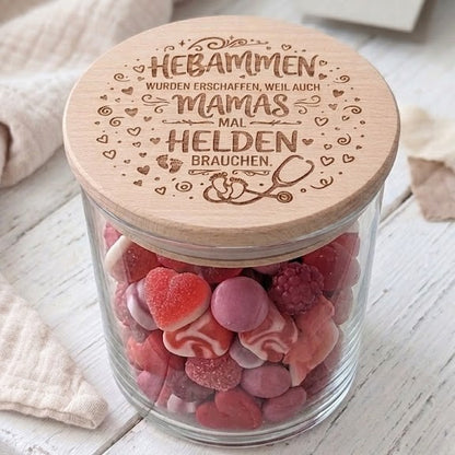 Vorratsglas Hebamme Geschenk Glas Holzdeckel graviert Dankeschön Abschiedsgeschenk