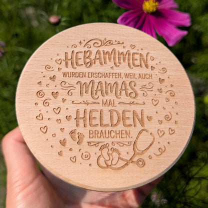 Vorratsglas Hebamme Geschenk Glas Holzdeckel graviert Dankeschön Abschiedsgeschenk
