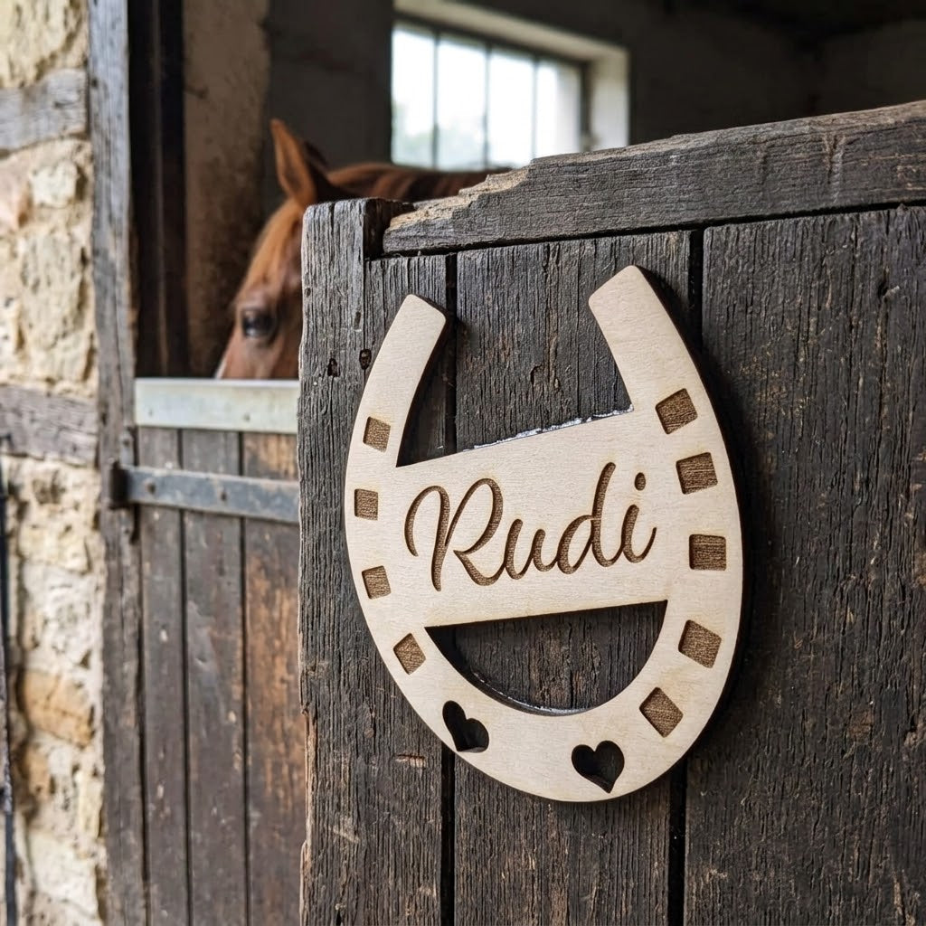 Namensschild Pferd aus Sperrholz mit Hufeisen-Herz-Gravur – Geschenk für Reiter