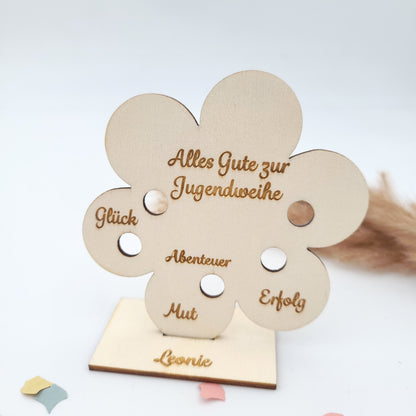 Geschenk Jugendweihe personalisiert Geldgeschenk Blume Holz