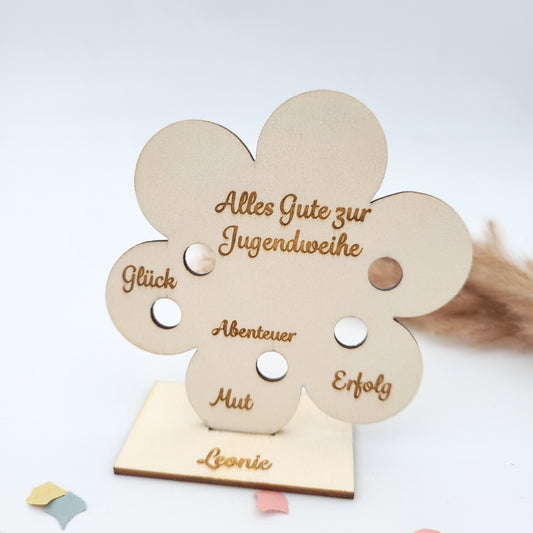 Geschenk Jugendweihe personalisiert Geldgeschenk Blume Holz