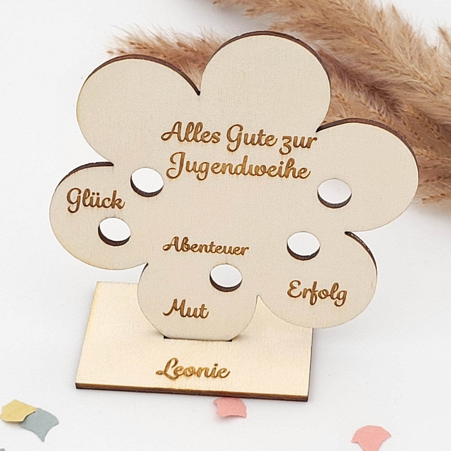 Geschenk Jugendweihe personalisiert Geldgeschenk Blume Holz