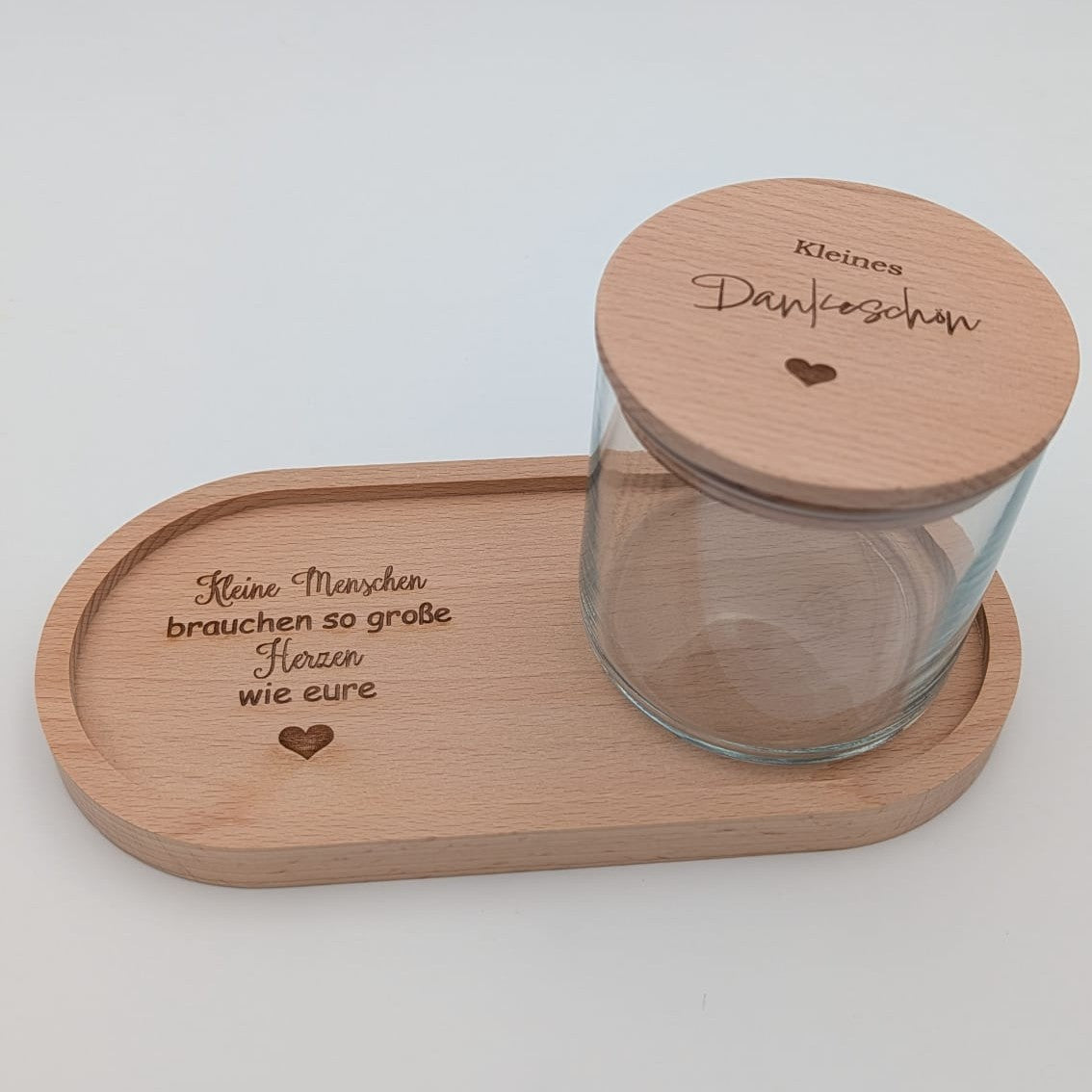 Holztablett oval + Vorratsglas im Set -Kleine Menschen brauchen..-