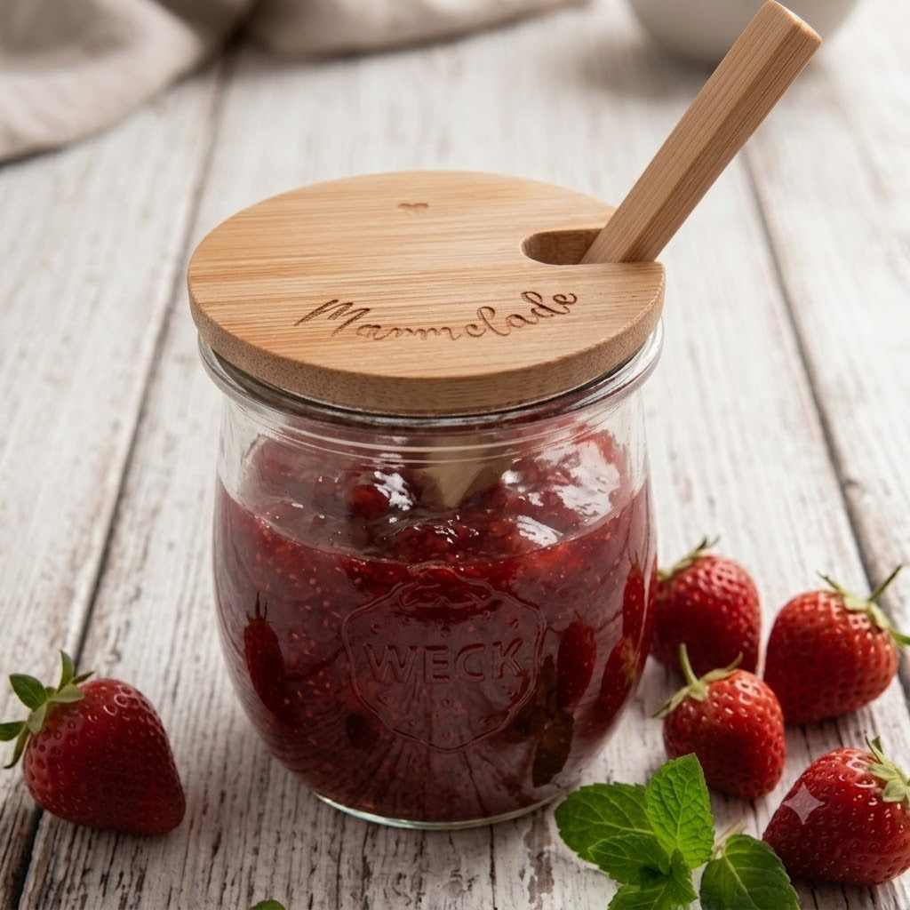Marmeladenglas mit Holzlöffel und Gravur – WECK Tulpenglas 220 ml | Gastgeschenk Dankeschön Mitbringsel