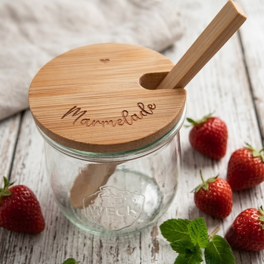 Marmeladenglas mit Holzlöffel und Gravur – WECK Tulpenglas 220 ml | Gastgeschenk Dankeschön Mitbringsel