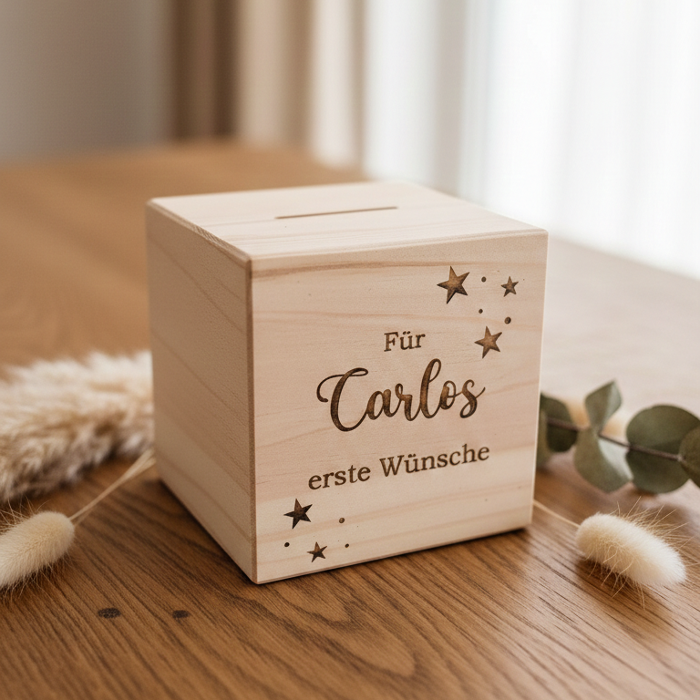 Spardose personalisiert mit Namen aus Holz