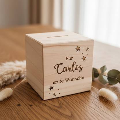 Spardose personalisiert mit Namen aus Holz