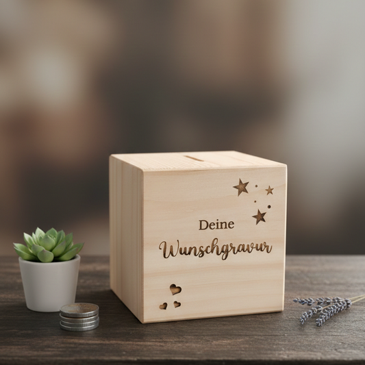 Spardose mit Wunschgravur personalisiert aus Holz