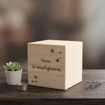 Spardose mit Wunschgravur personalisiert aus Holz