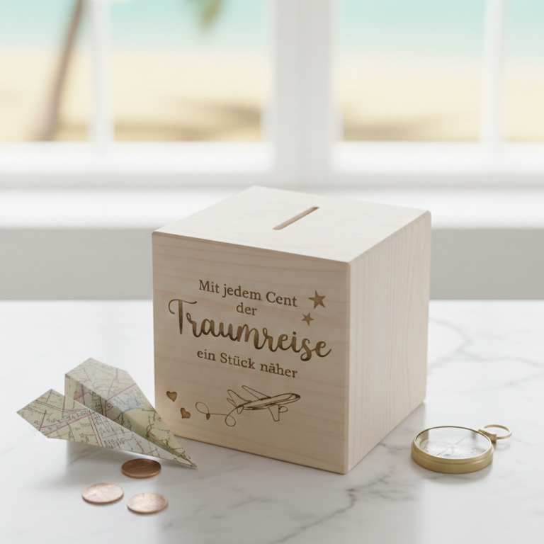 Spardose Traumreise aus Holz mit Gravur