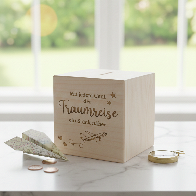 Spardose Traumreise aus Holz mit Gravur