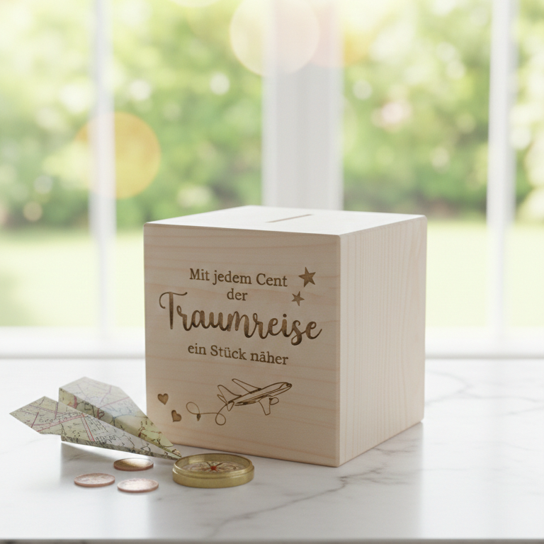 Spardose Traumreise aus Holz mit Gravur