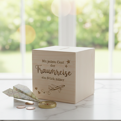 Spardose Traumreise aus Holz mit Gravur