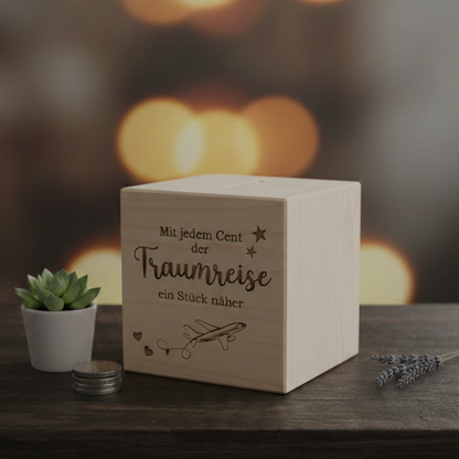 Spardose Traumreise aus Holz mit Gravur