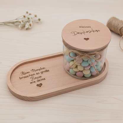 Holztablett oval + Vorratsglas im Set -Kleine Menschen brauchen..-