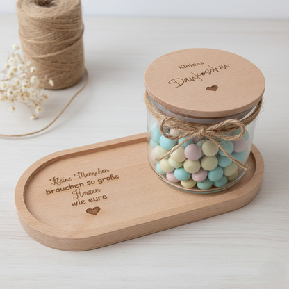 Holztablett oval + Vorratsglas im Set -Kleine Menschen brauchen..-