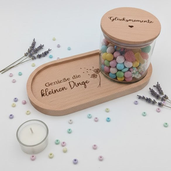 Holztablett oval und Vorratsglas "..kleinen Dinge"