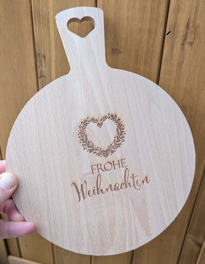 Brettchen rund mit Griff Herz Frohe Weihnachten